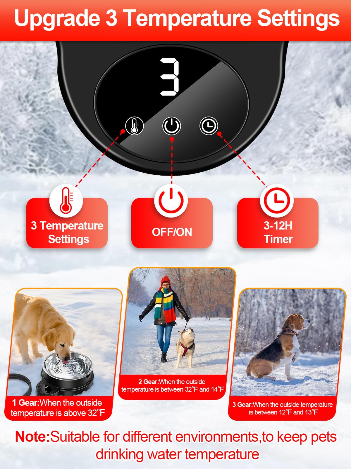 TLXLT heated water bowl temperature settings closeup with three modes