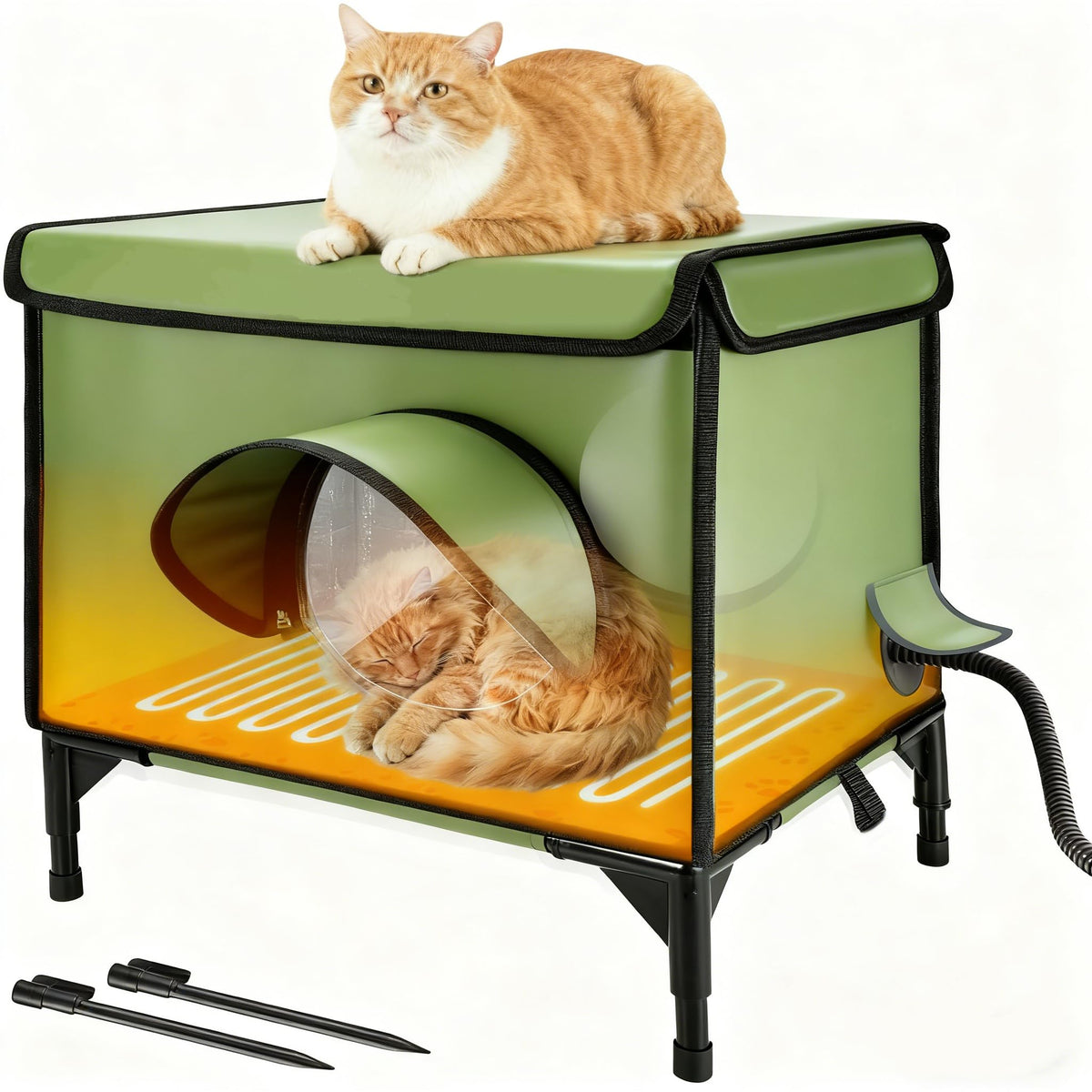 TNELTUEB heated cat house outdoors green demonstrates weatherproof winter shelter.