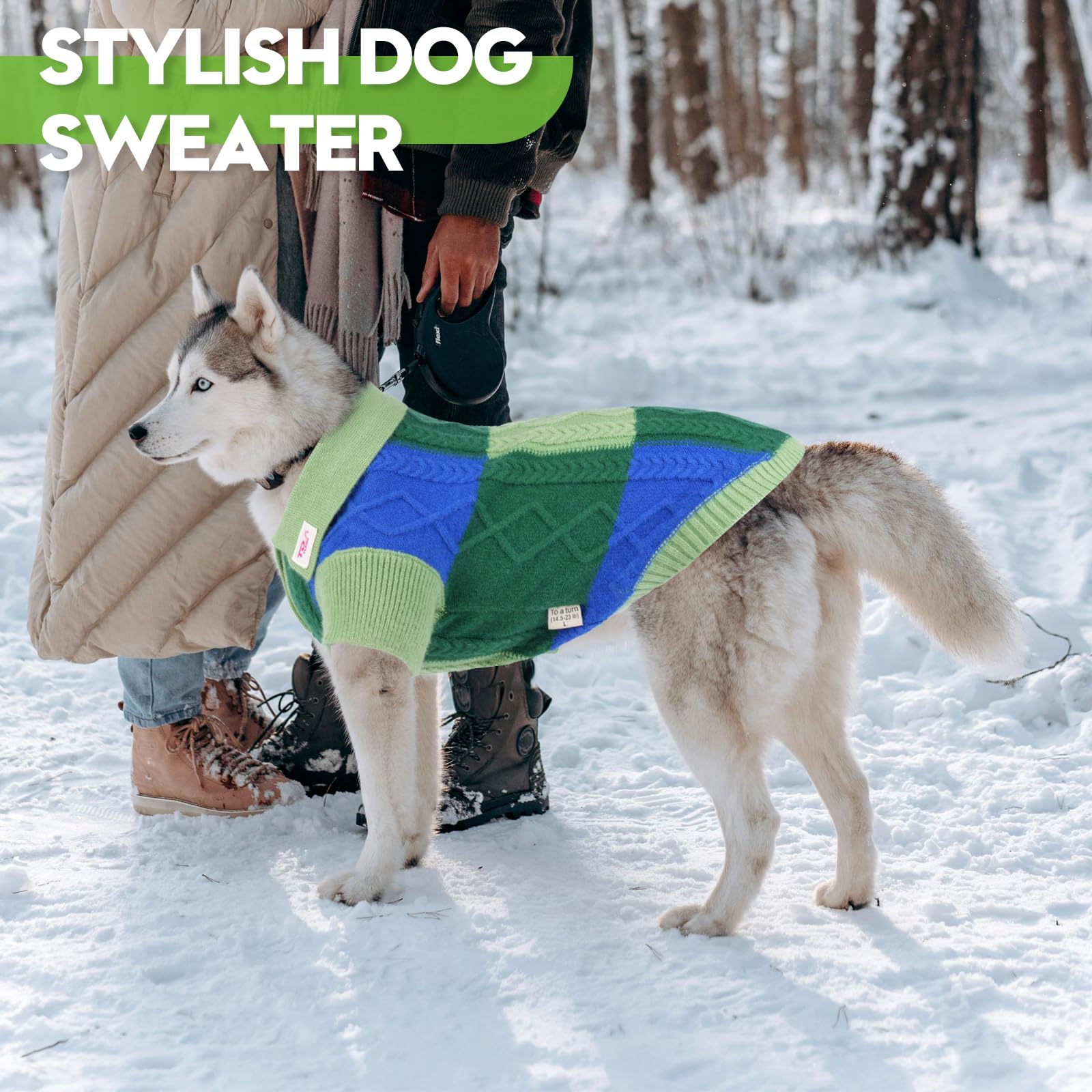 To a Turn pullover dog sweater worn during outdoor walk for daily adventures
