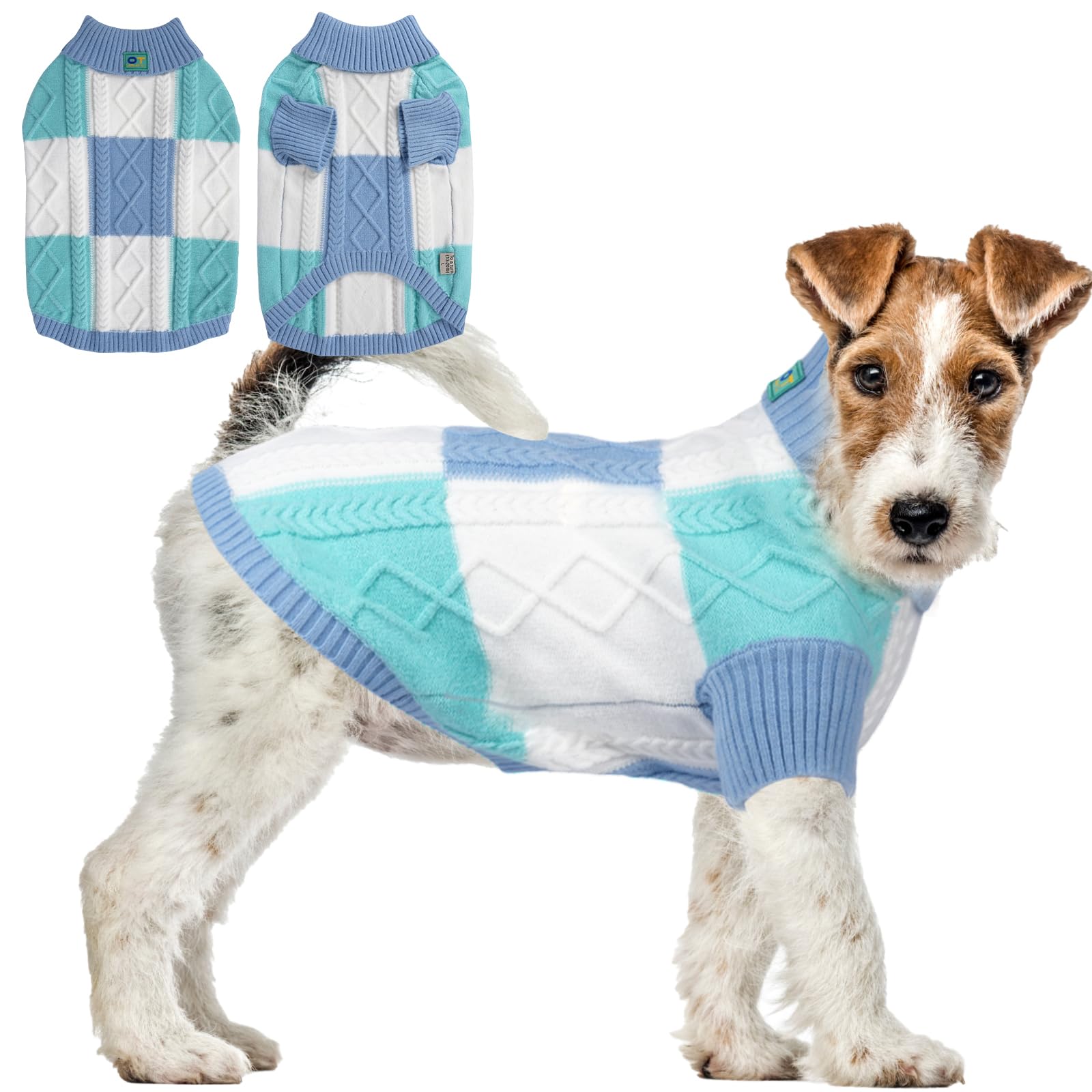 To A Turn turtleneck dog sweater blue group M front view for comfortable warmth.