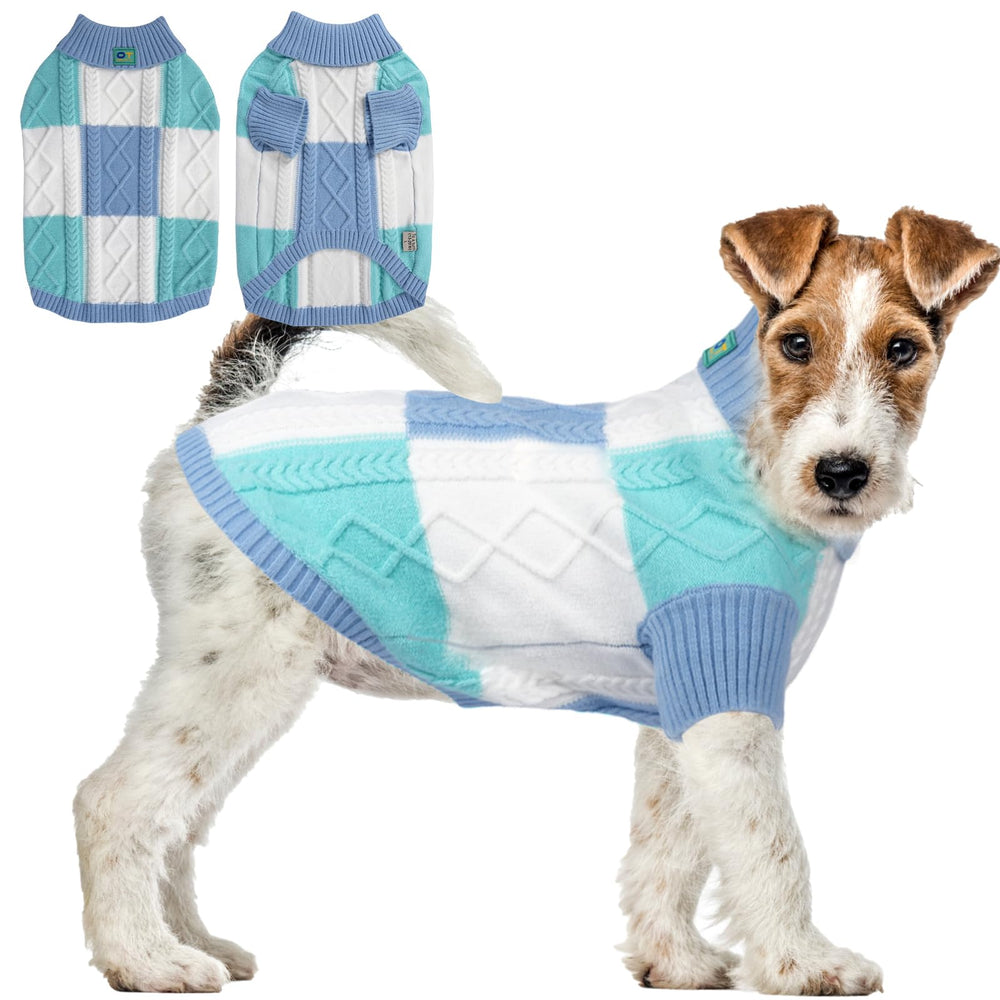 To A Turn turtleneck dog sweater blue group M front view for comfortable warmth.