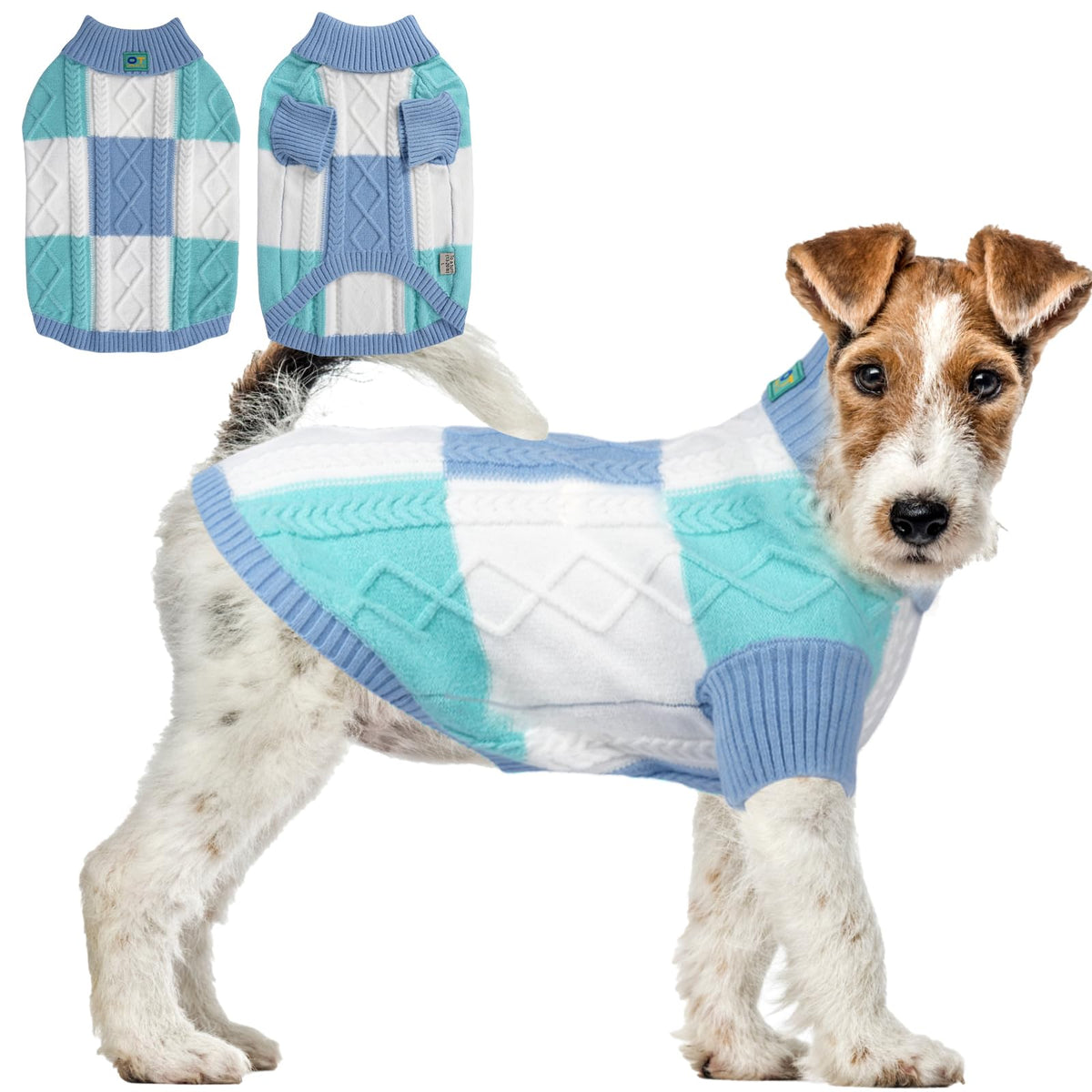 To A Turn turtleneck dog sweater blue group M front view for comfortable warmth.