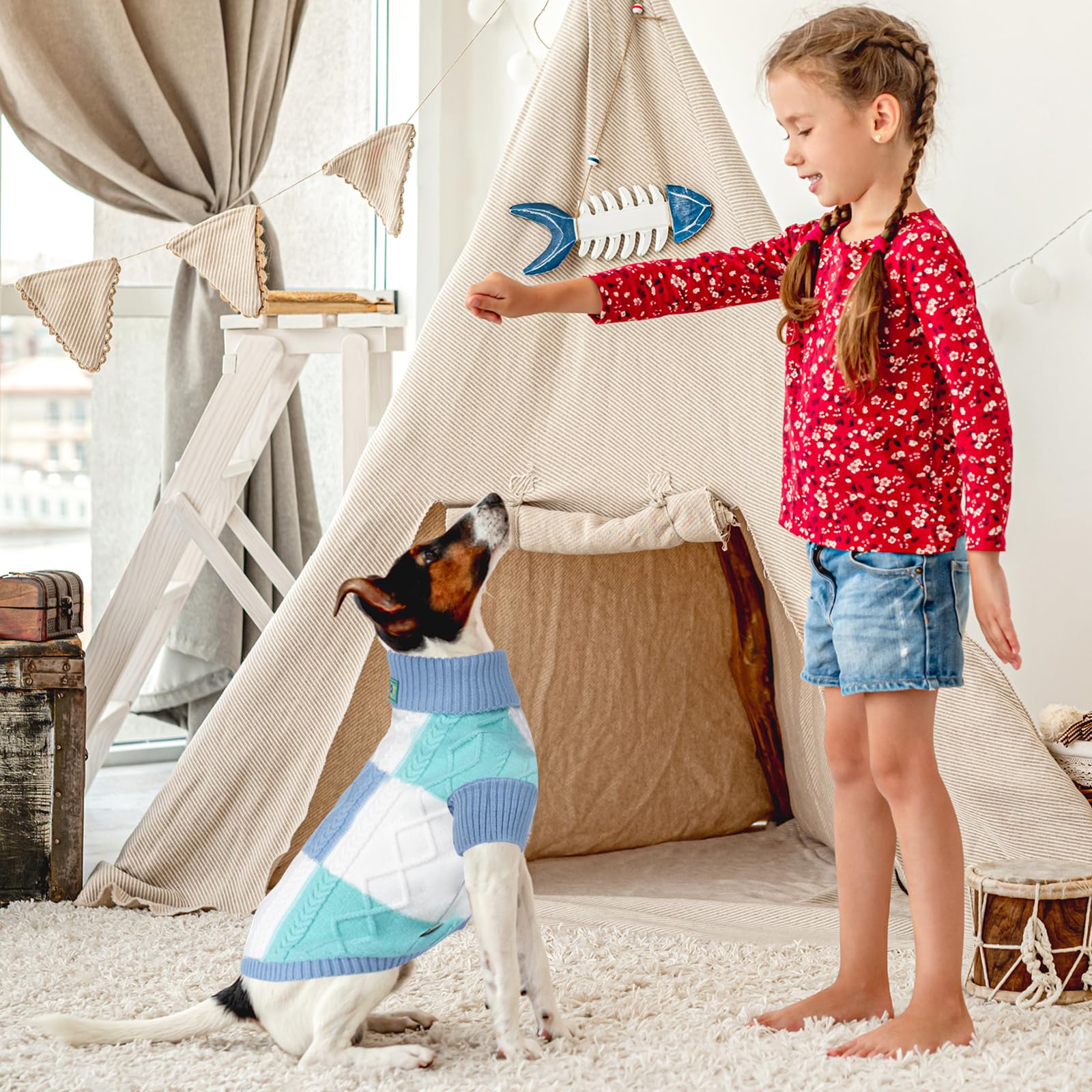 To A Turn turtleneck dog sweater blue group M neck detail highlights classic design.
