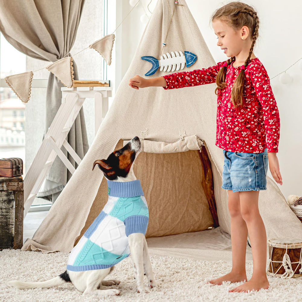 To A Turn turtleneck dog sweater blue group M neck detail highlights classic design.