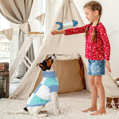 To A Turn turtleneck dog sweater blue group M neck detail highlights classic design.