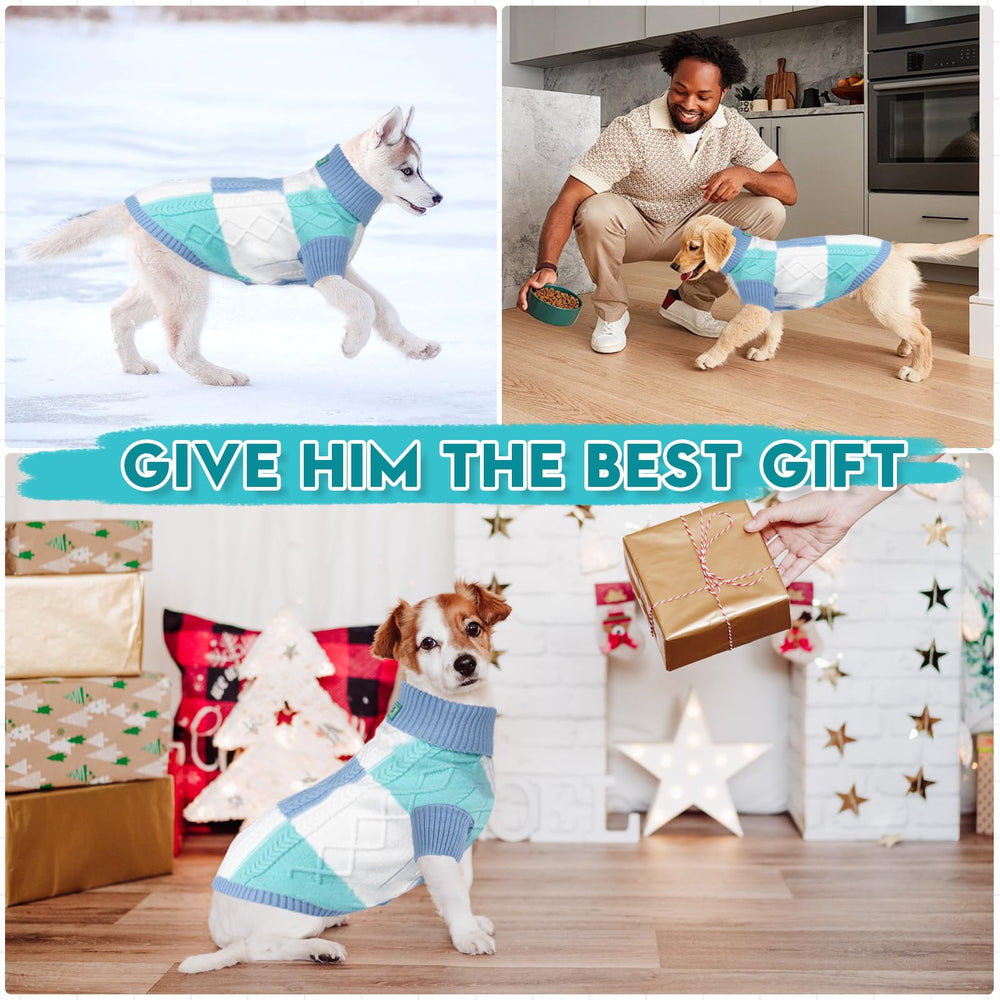 To A Turn turtleneck dog sweater blue group M packaging display shows the product.
