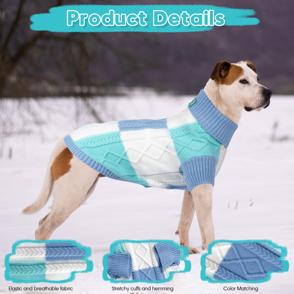 To A Turn turtleneck dog sweater blue group M stretchy fabric for flexible movement.