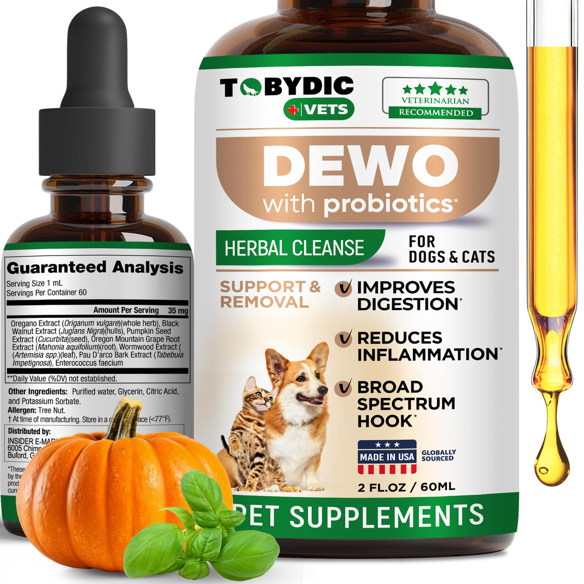 TOBYDIC broad-spectrum herbal drops bottle for pets supports digestive wellness