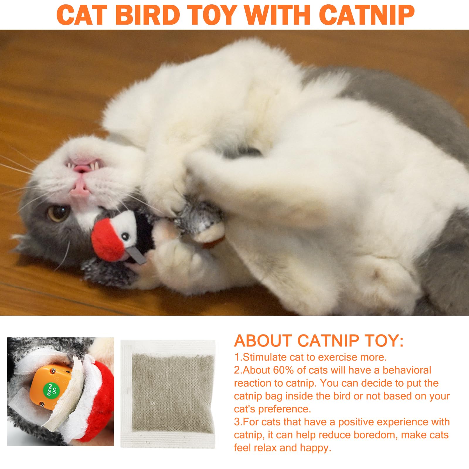 Tocirelo Flappy Bird cat toy, catnip pouch boosts spontaneous play
