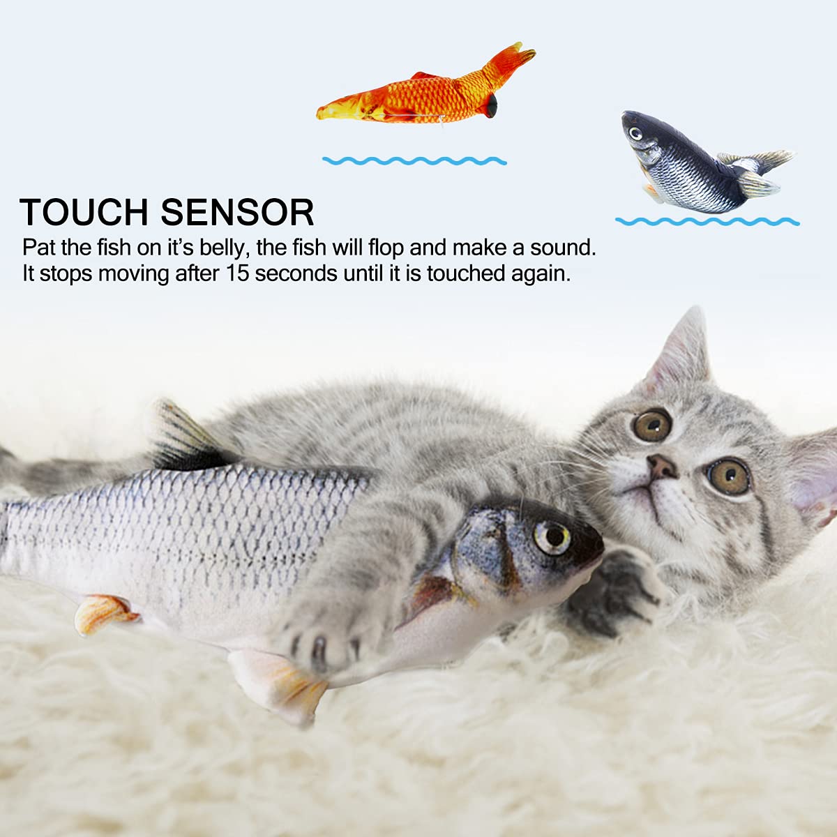 Tocirelo flopping fish toy side view highlighting motion during play.
