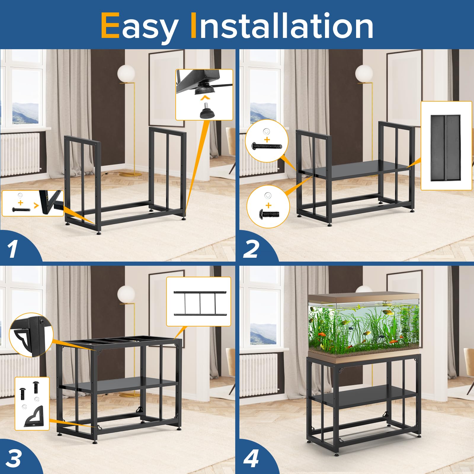 TOCRETOARE fish tank stand assembly-kit indicates quick, tool-simple setup.