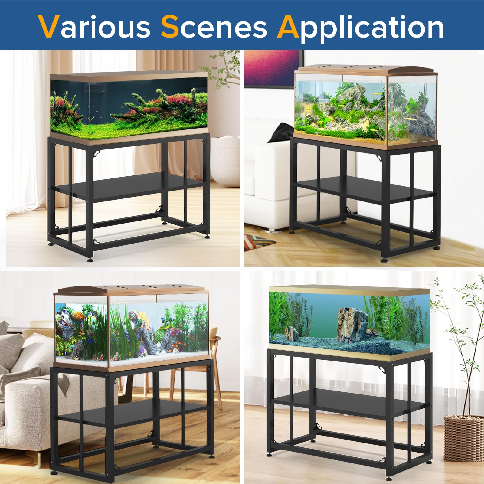 TOCRETOARE fish tank stand storage shelves illustrate flexible space for decor and equipment.
