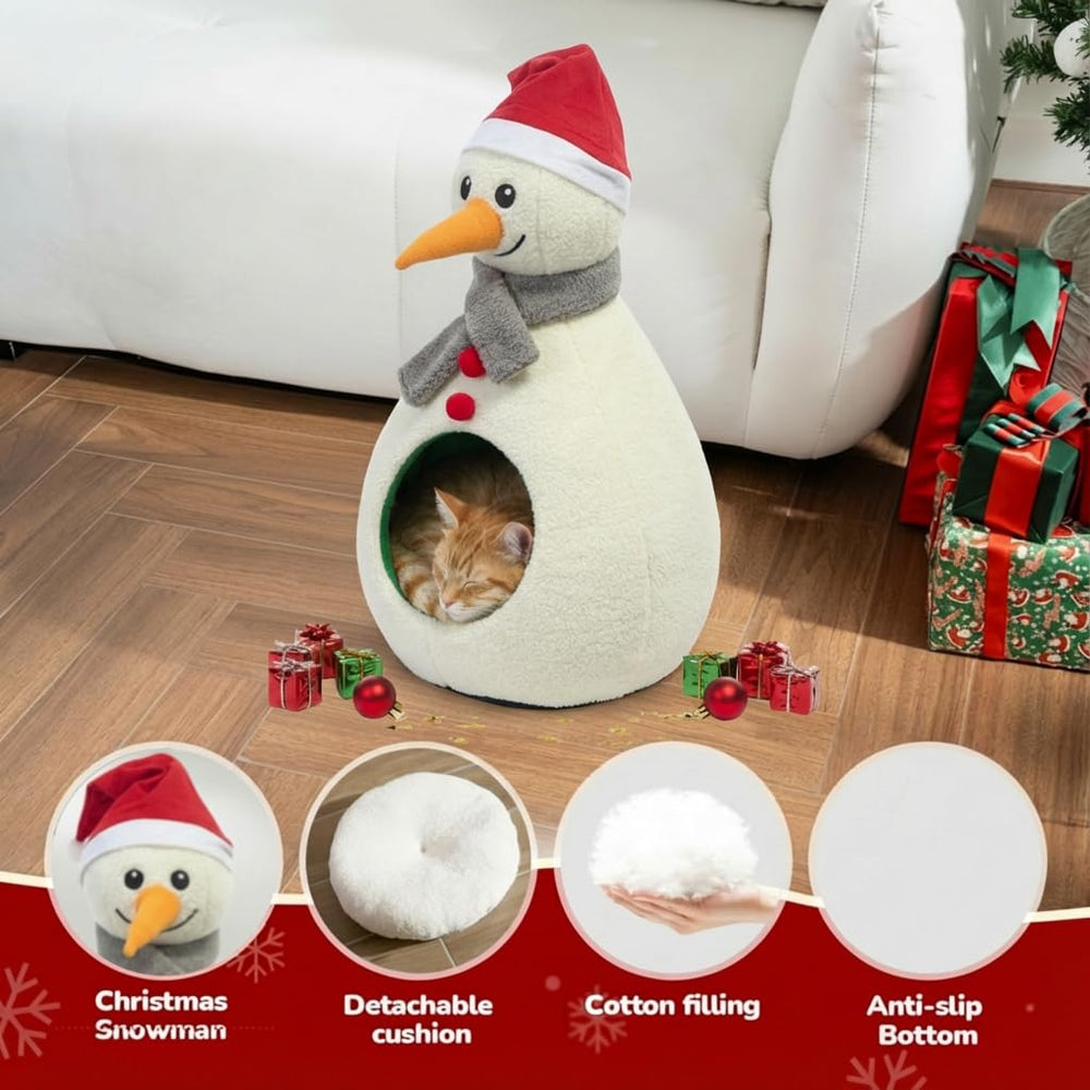 TOGETHERTOYO Christmas Cat Bed snowman entrance highlights easy-in access for curious cats
