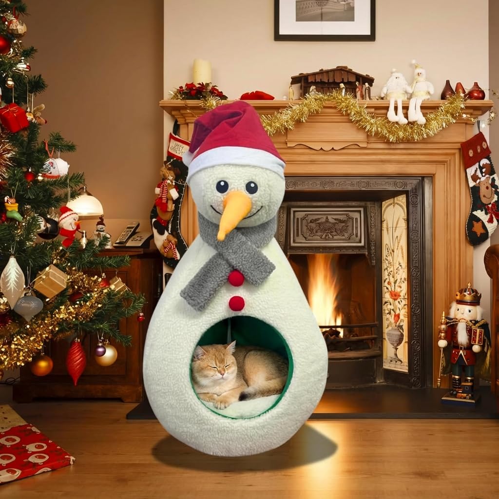 TOGETHERTOYO Christmas Cat Bed snowman interior shows soft lamb's wool warmth
