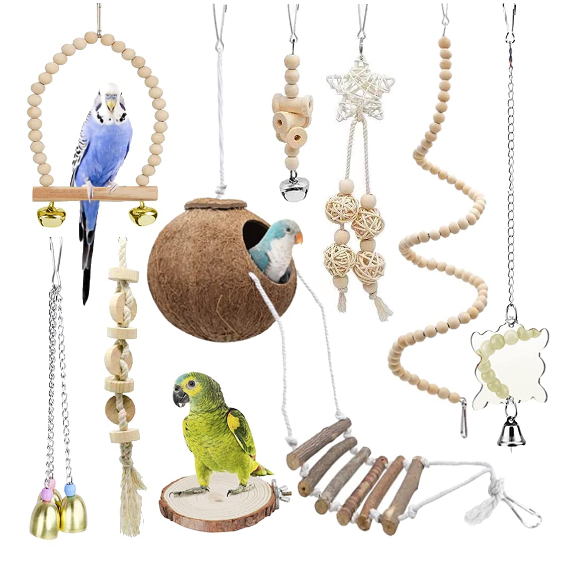 Tolmiow 9-piece parrots chewing toy set wood for daily beak exercise and play.