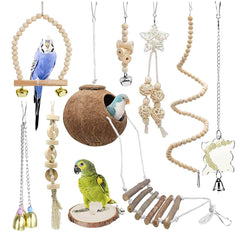 Tolmiow 9-piece parrots chewing toy set wood for daily beak exercise and play.