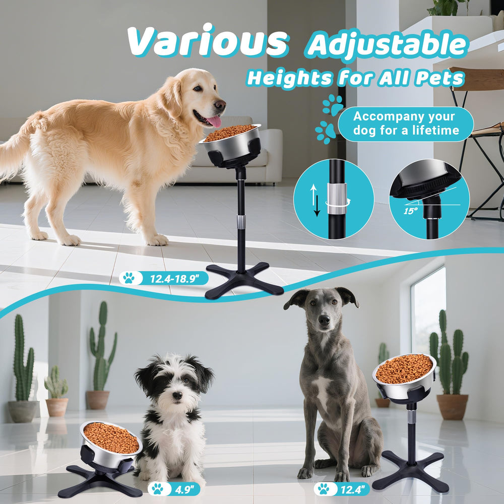 Tolopu elevated dog bowl adjustable height and width for growing dogs.