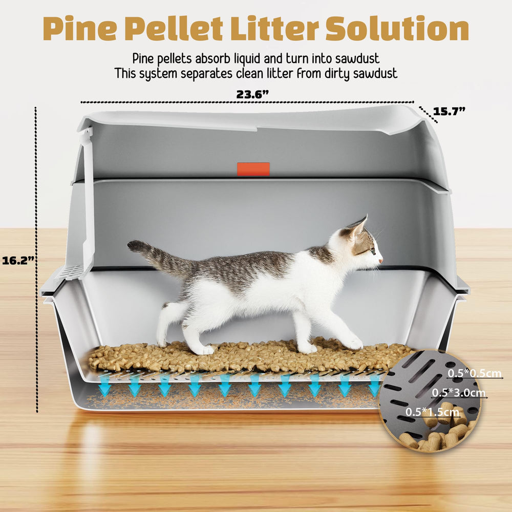 Tom & Sora Creations stainless steel sifting litter box open top shows easy access for kittens and seniors