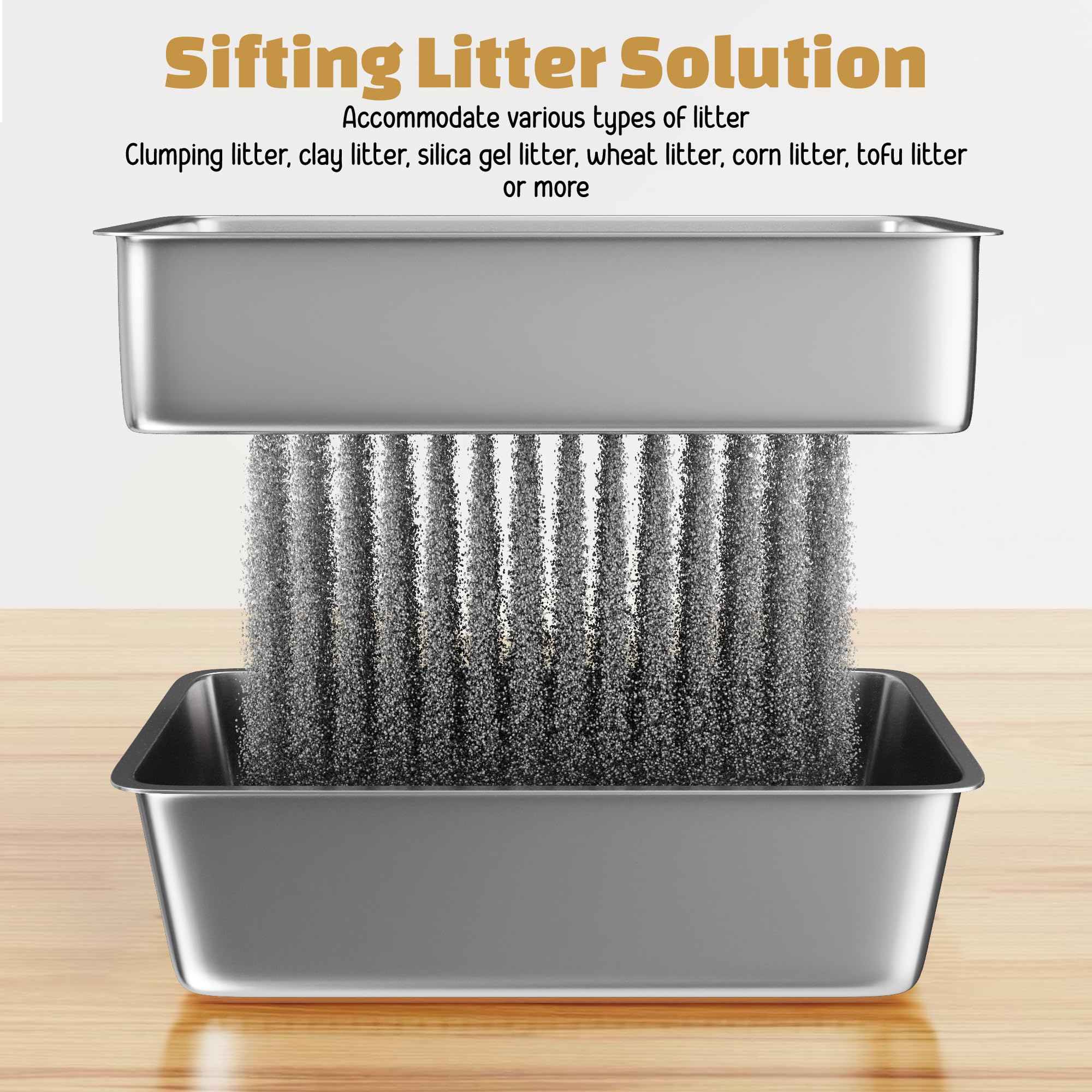 Tom & Sora Creations stainless steel sifting litter box side profile emphasizes high walls for contained litter