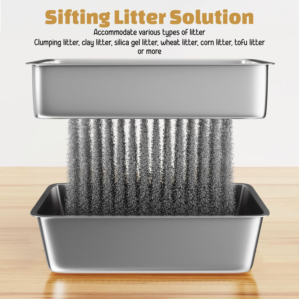 Tom & Sora Creations stainless steel sifting litter box side profile emphasizes high walls for contained litter