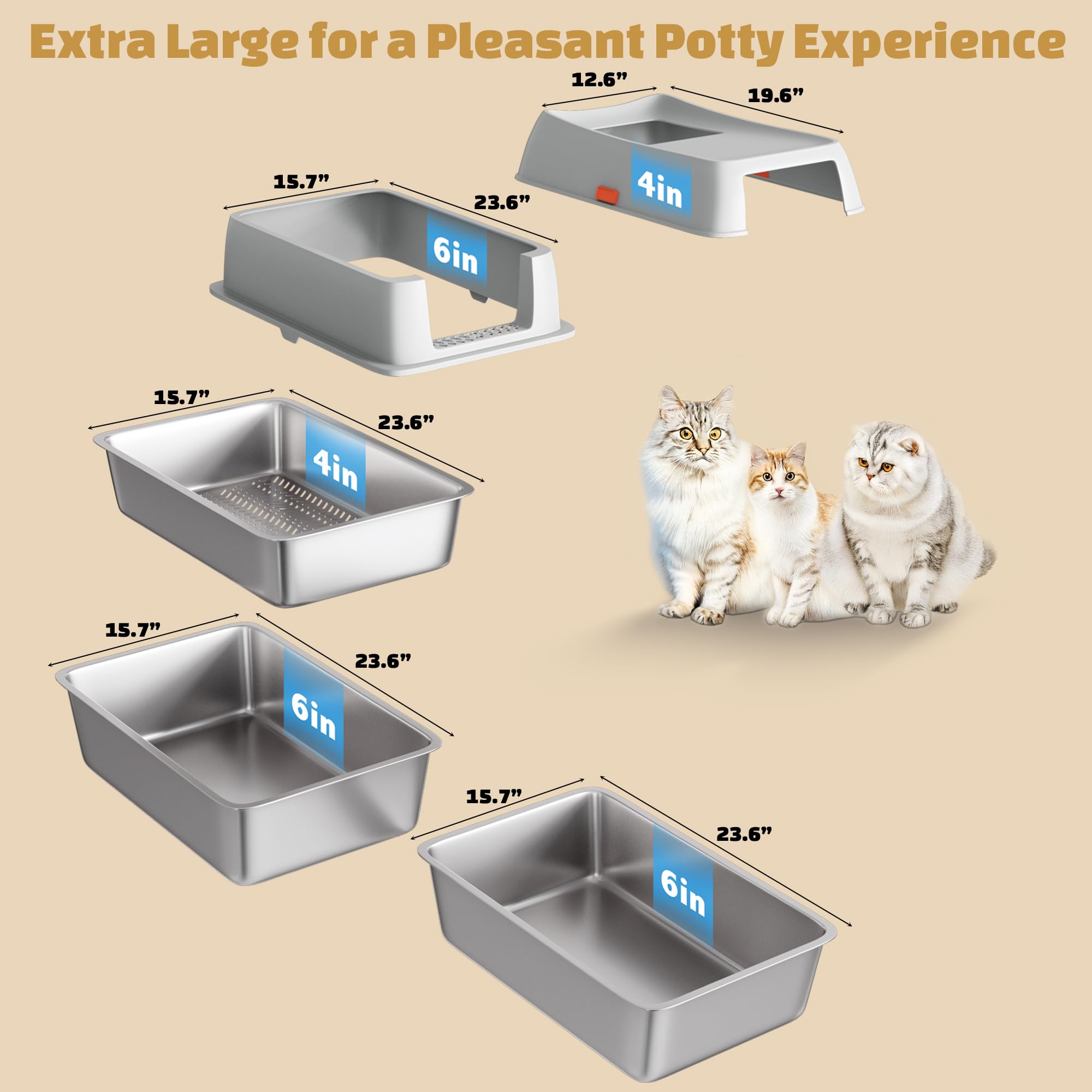 Tom & Sora Creations stainless steel sifting litter box xl-dimensions accommodates large pans and big cats