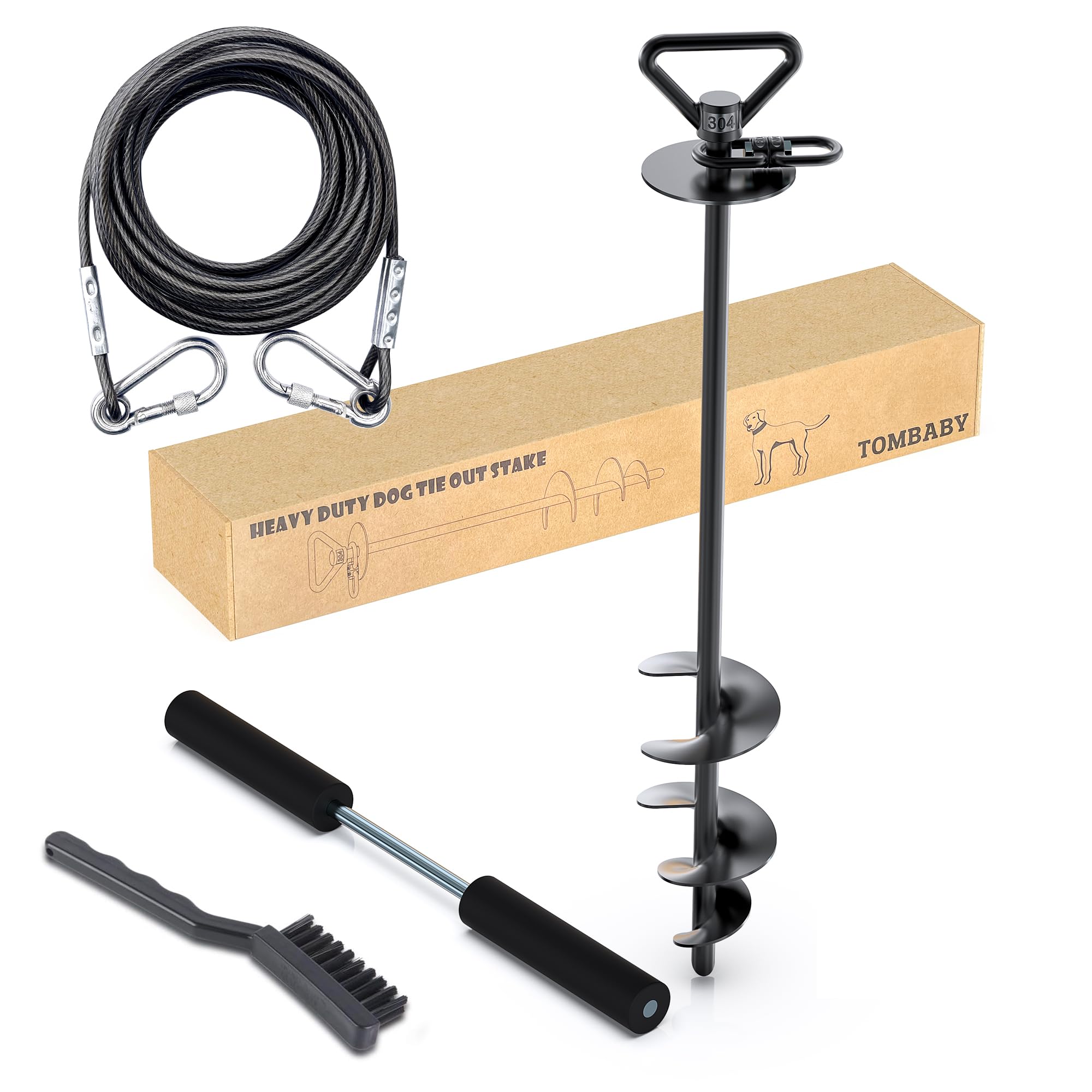 TOMBABY dog tie out stake with 360° swivel enables safe yard roaming.
