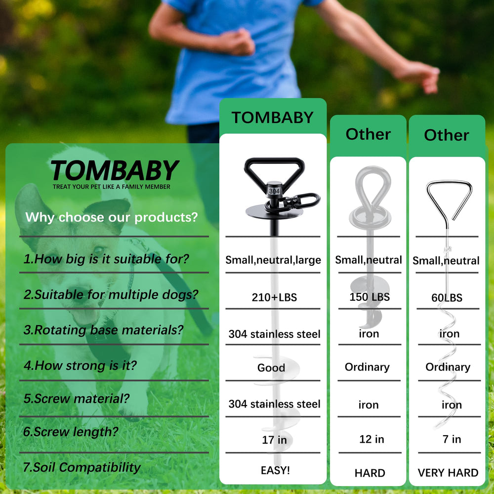 TOMBABY heavy-duty screw-in ground anchor with auger blades for quick, secure installation.