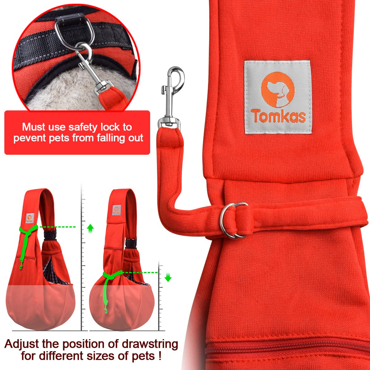 TOMKAS dog carrier red front pocket stores keys and leash for convenience.