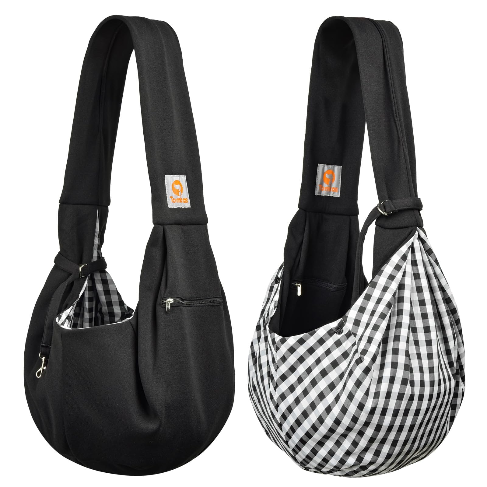 Tomkas black dog sling carrier blends with outfits for everyday use.