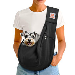 Tomkas dog sling carrier front opening for easy pet entry and secure, hands-free carry.