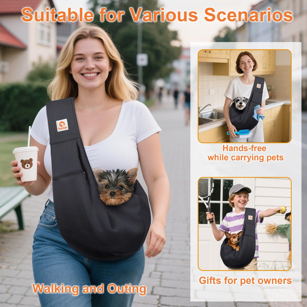 Tomkas dog sling carrier shows safety buckle for secure leash attachment.