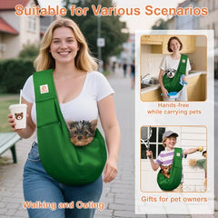 Tomkas dog sling emerald green adjustable strap offers comfortable, customizable fit.