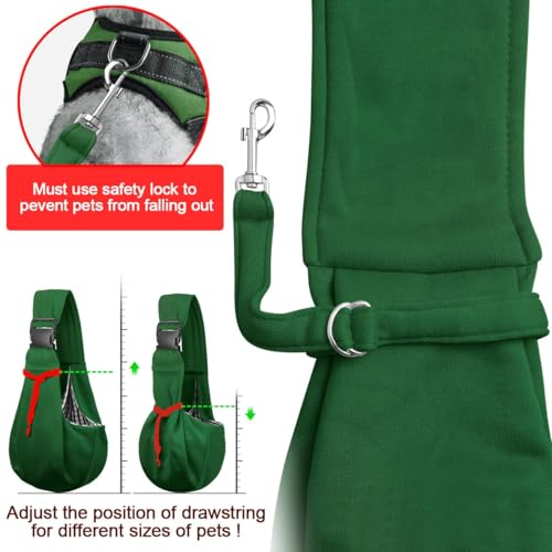 Tomkas dog sling emerald green zippered pocket stores essentials securely on outings.