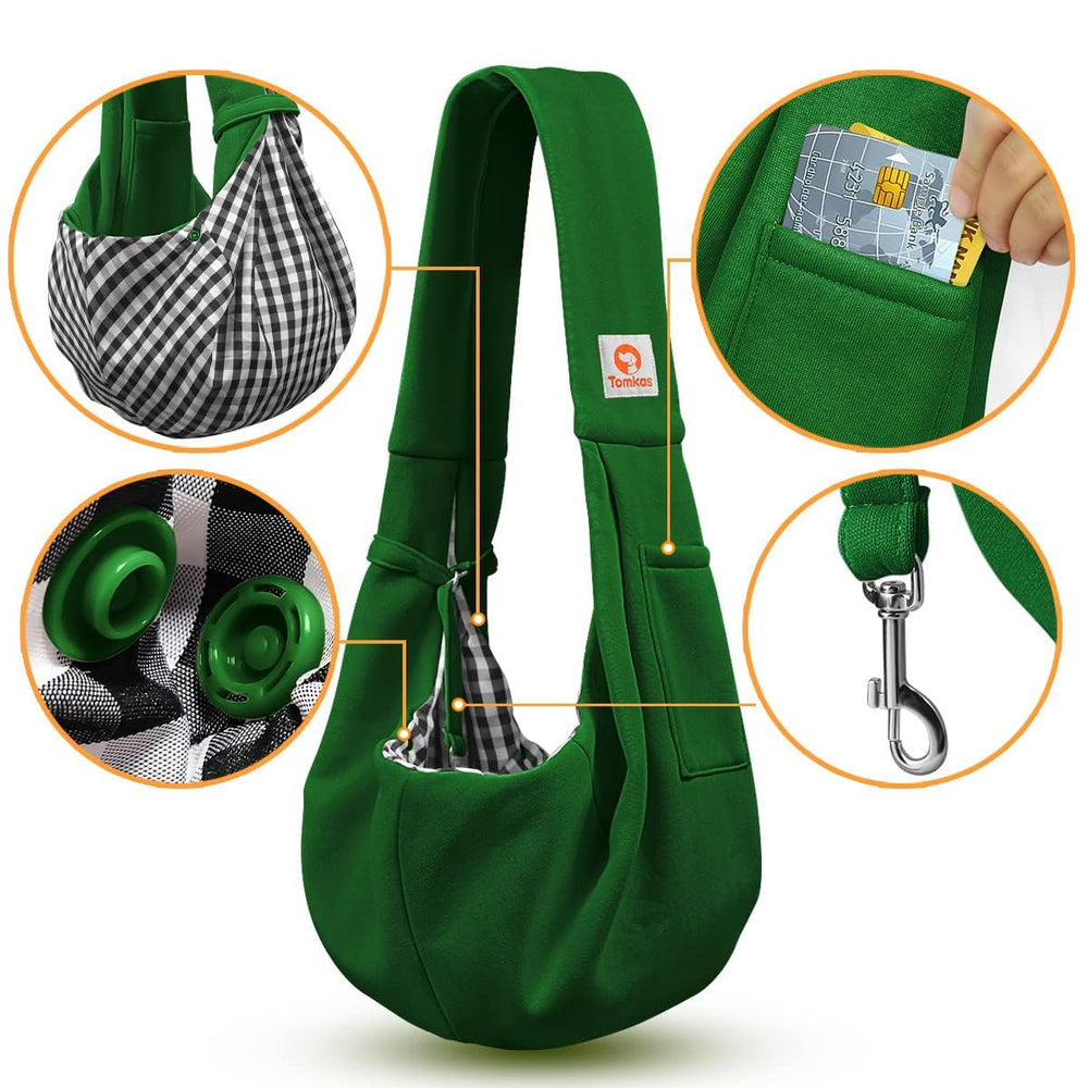 Tomkas dog sling front pocket provides convenient storage for keys and treats.