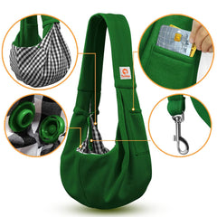Tomkas dog sling front pocket provides convenient storage for keys and treats.