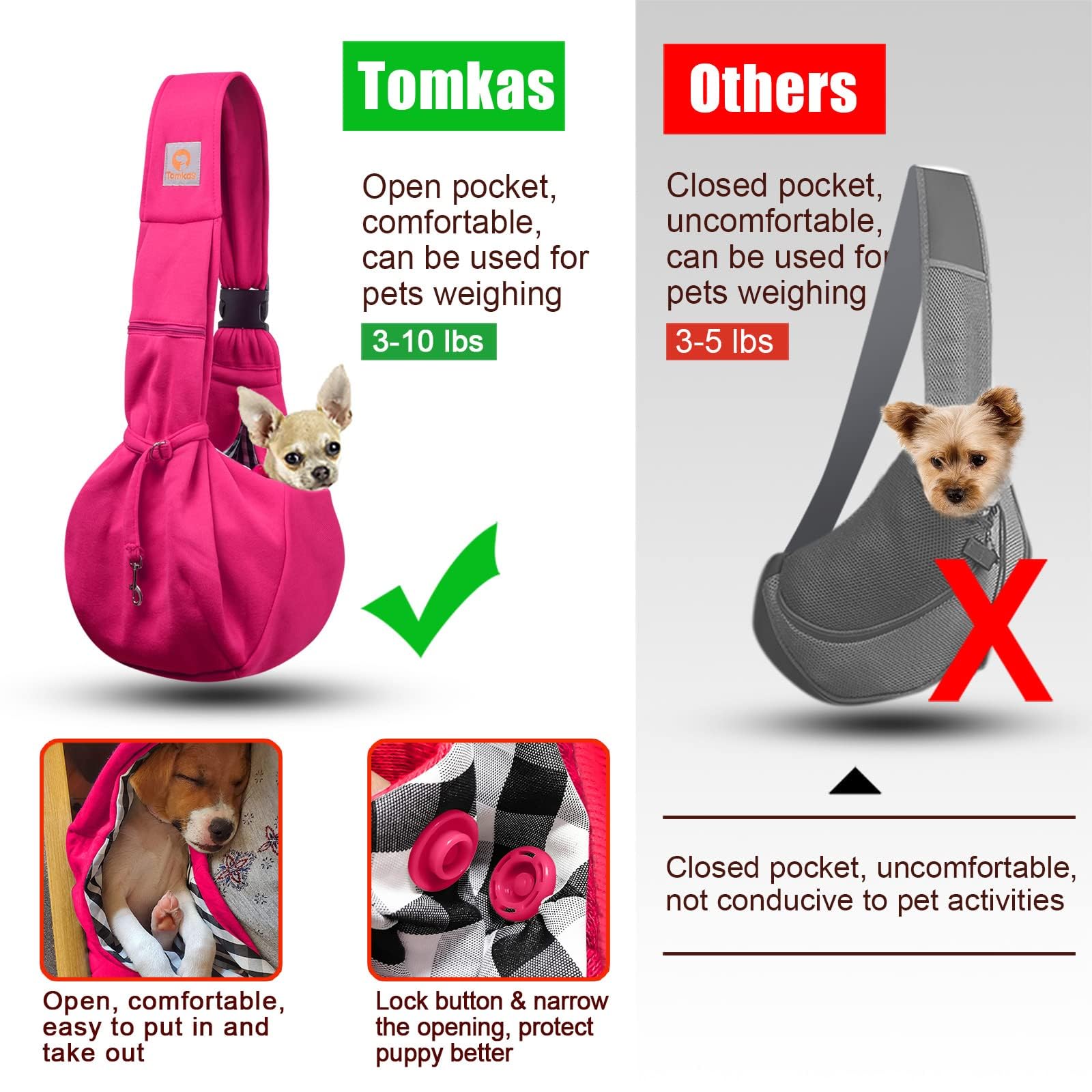 TOMKAS dog sling carrier rose red interior view shows cozy space for pets.