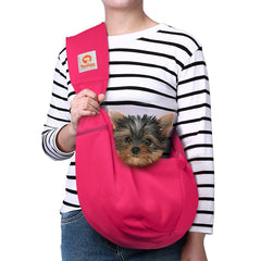 TOMKAS dog sling carrier in rose red front view highlights durable fabric for small dogs.