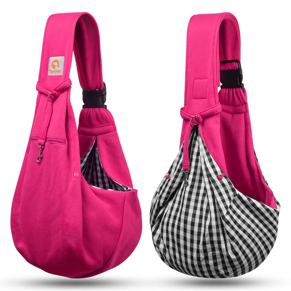 TOMKAS dog sling carrier rose red in-use outdoors demonstrates hands-free convenience.