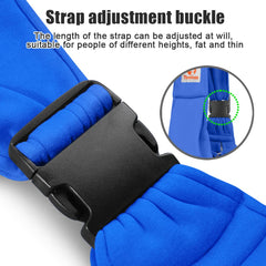 Tomkas sling shows safety buckle for secure small-dog transport.