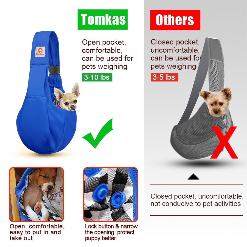 Tomkas sling sizing for pets 3-10 lbs with up to 10 lb capacity.
