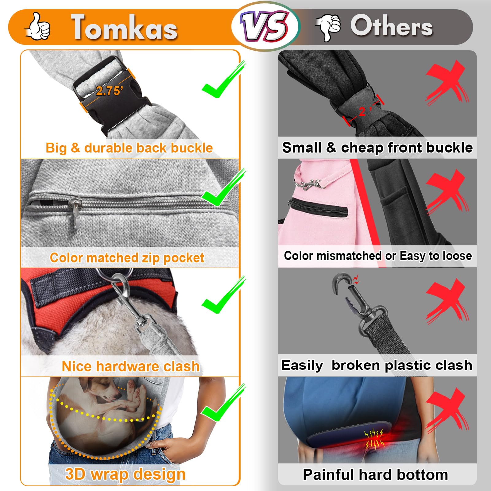 TOMKAS dog sling zippered pocket stores phone keys and treats safely