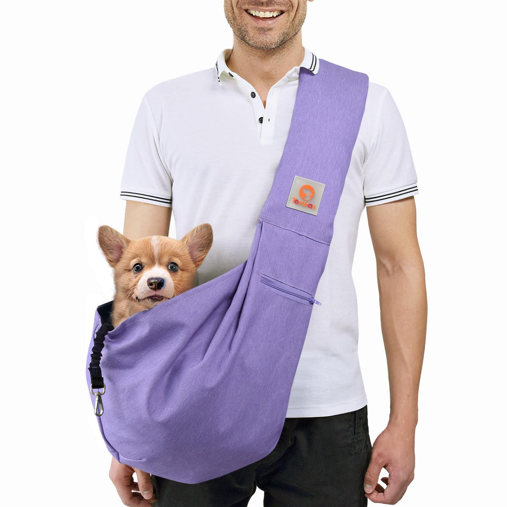 Tomkas carrier sling purple front view for compact pet transport