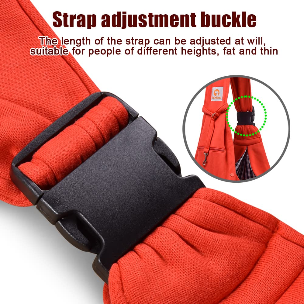 TOMKAS puppy carrier red with adjustable strap supports comfortable travel.