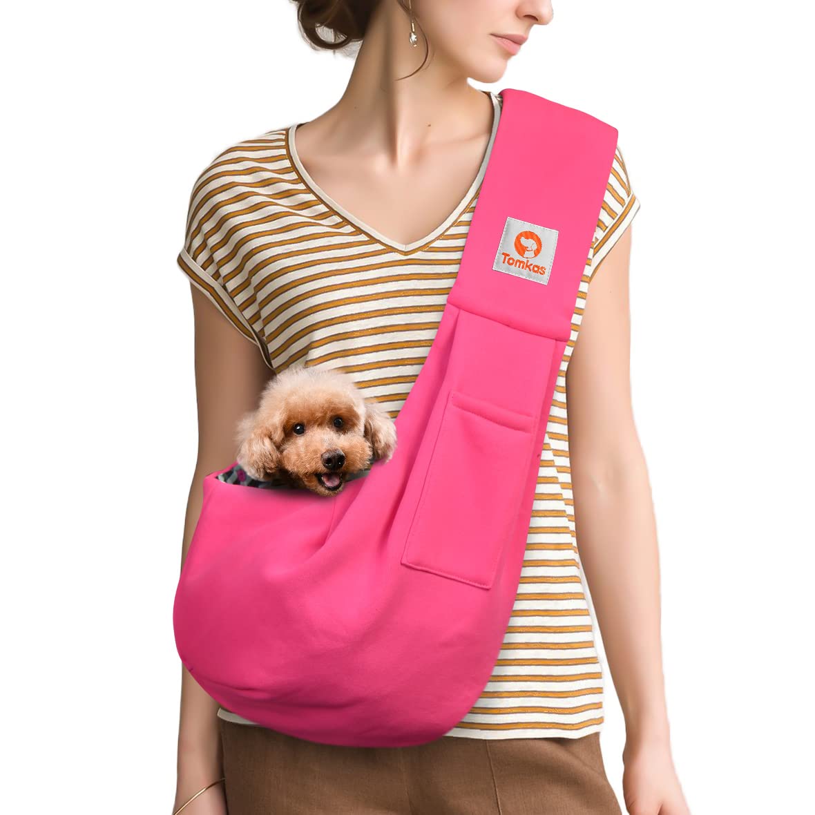 Tomkas small dog sling classic pocket front shows roomy storage for essentials.