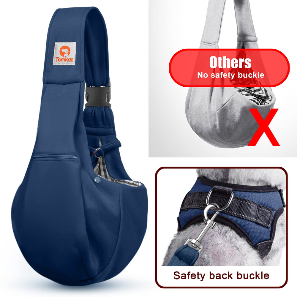 TOMKAS small dog sling carrier worn on shoulder during stroll