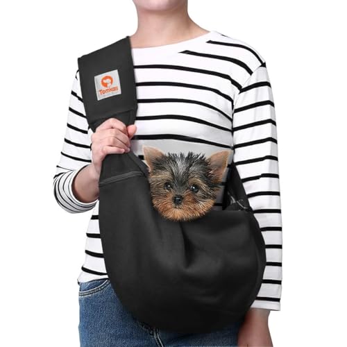 Tomkas small dog sling front view highlighting comfortable design for daily walks.
