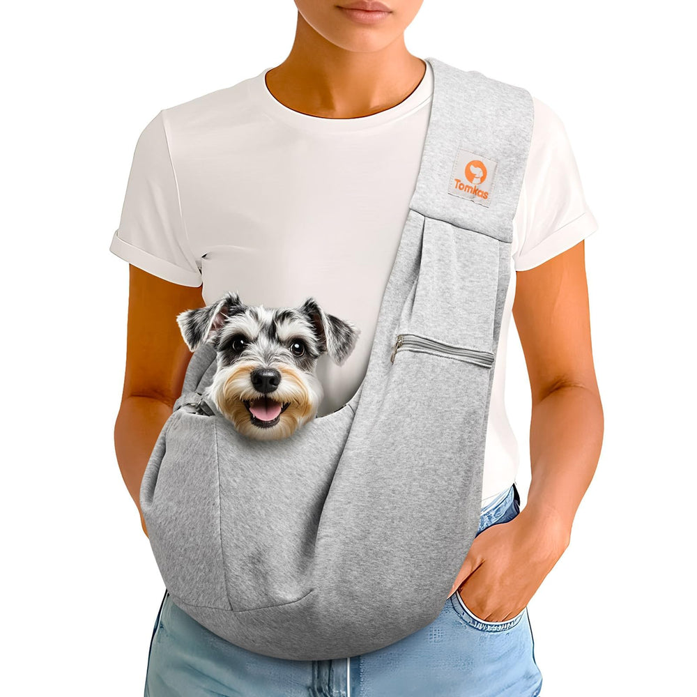 TOMKAS small dog sling grey front view shows secure fit for tiny pets