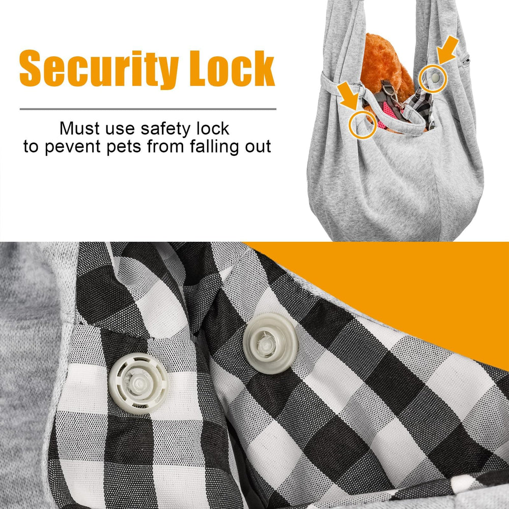TOMKAS grey sling worn by model for hands-free errands
