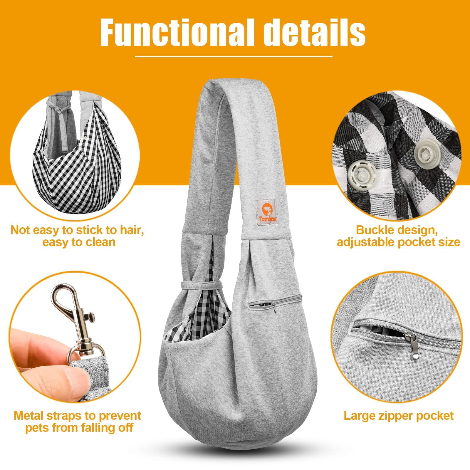 TOMKAS sling grey safety buckle ensures secure carry for pets