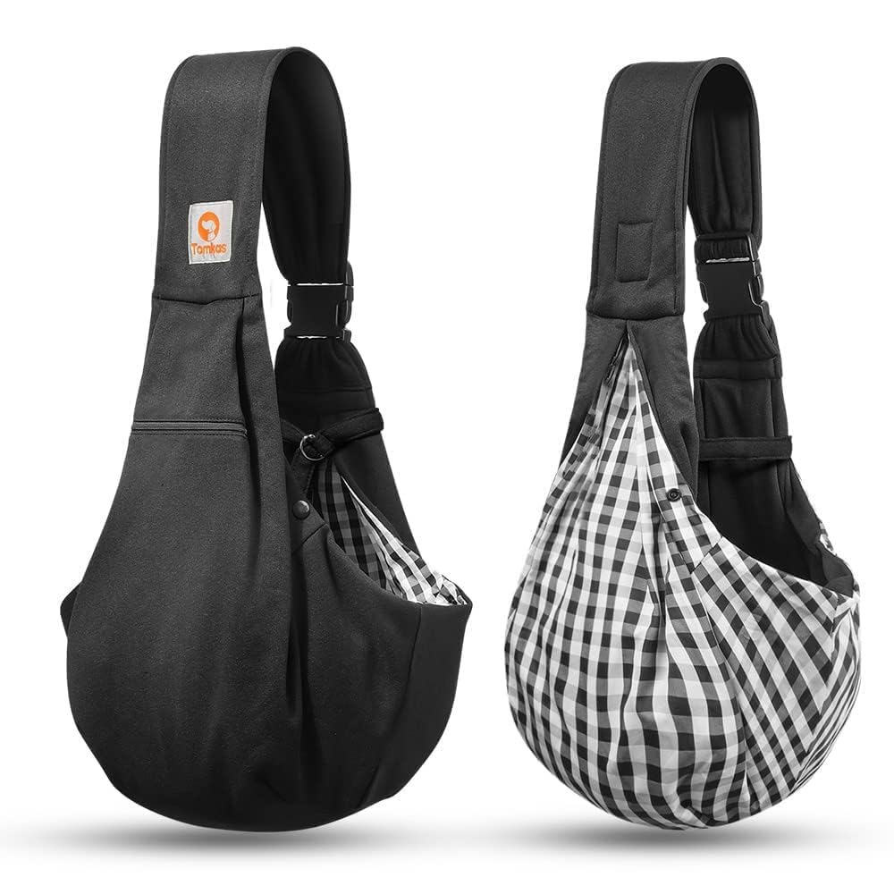 Tomkas small dog sling travel-use demonstrates versatile carry for errands.